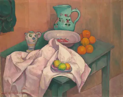 Stilleben (kanna, tallrik, frukt på utbredd servett) av Emile Bernard