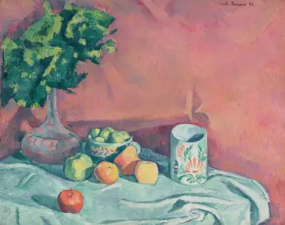 Stilleben med frukt, blommor och kopp av Emile Bernard