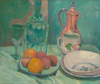 Stilleben (karaff, glas, frukt, tallrikar, kopp och kaffekanna) av Emile Bernard