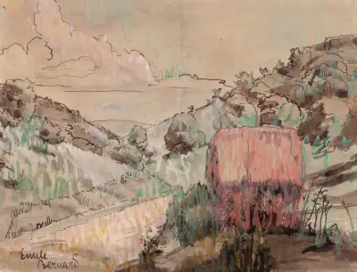 Röd stuga på en sluttning av Emile Bernard