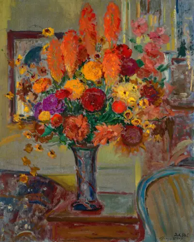 Blommor i en interiör av Jacques-Émile Blanche