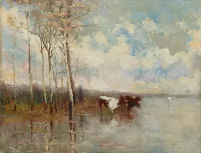 Landskap med kor och björkar vid floden av Emile Claus