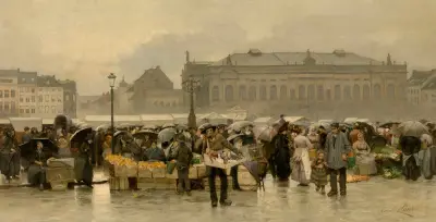 The Market in front of the Theatre in Antwerp av Emile Claus