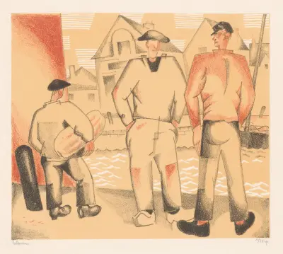 Tre fiskare på kajen av Jean-Émile Laboureur