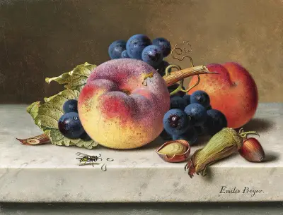 Still Life with Peaches, Red Grapes, Hazelnuts and a Wasp – nr 1 av Emilie Preyer