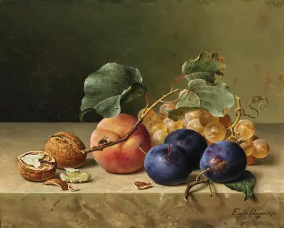 Still Life with Two Walnuts, Plums, Grapes, a Peach on a Branch and a Fly av Emilie Preyer