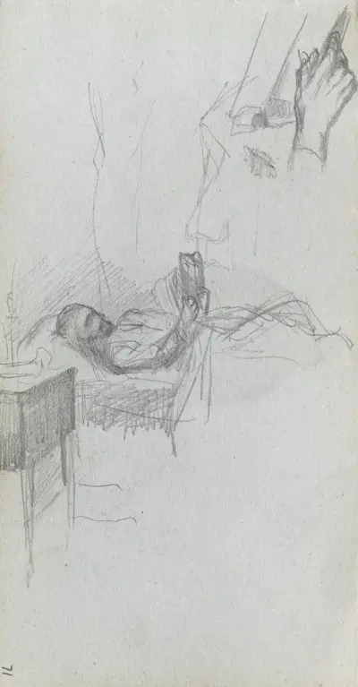Studie av en figur som läser i sängen, studie av en hand av Ernest Meissonier