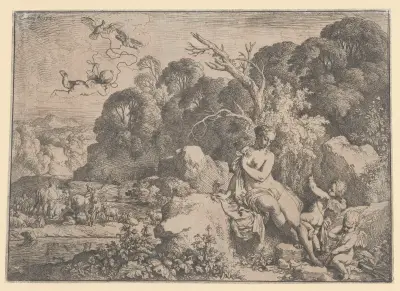 Landscape with a nymph sitting on a rock and two cupids av Christian Wilhelm Ernst Dietrich