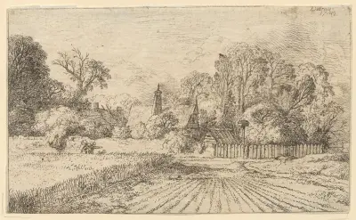 Landskap med lantliga byggnader (Väg intill ett majsfält) av Christian Wilhelm Ernst Dietrich