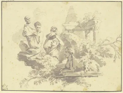 Plünderer an einer antiken Stätte, vom Laubwerk verdeckt eine Sphinx av Christian Wilhelm Ernst Dietrich