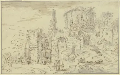 Ruinen von Tempelgebäuden in einer Landschaft av Christian Wilhelm Ernst Dietrich