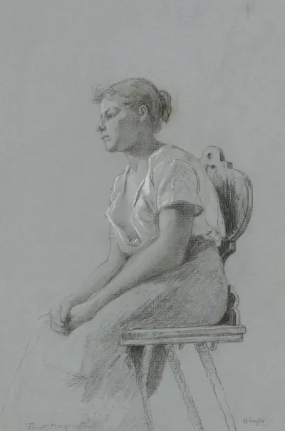 Sitzendes junges Mädchen mit geöffneter Bluse nach links av Friedrich Ernst Morgenstern