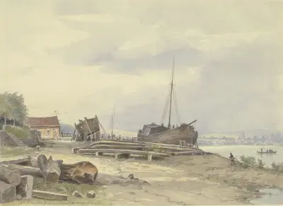 Werft am Rheinufer bei Niederwalluf av Friedrich Ernst Morgenstern