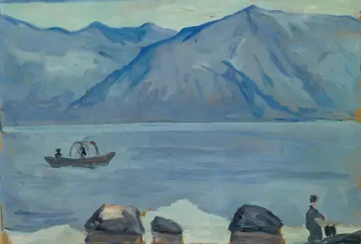 At the Beach of the Lake of Lugano av Ernst Schiess