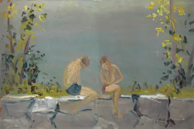 Badande pojkar på en mur vid en sjö av Ernst Schiess