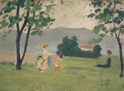 Frauen und Kind in Wiese av Ernst Schiess