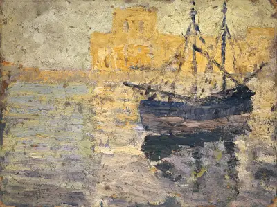 Harbour with Sailing Boat av Ernst Schiess