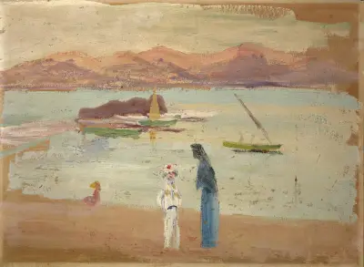 Matrosenjunge, kleine Boote und Meeresarm av Ernst Schiess