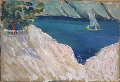 Meeresbucht mit Segelboot av Ernst Schiess