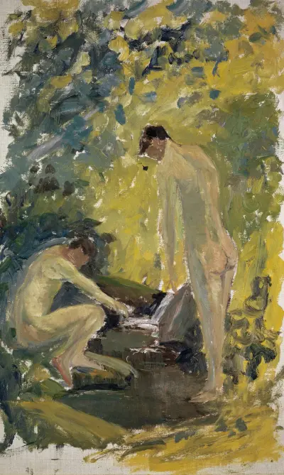 Två nakna unga män i en flod i skogen av Ernst Schiess
