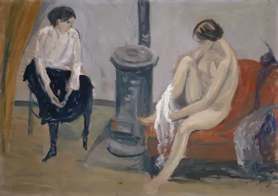 Two Women at a Stove av Ernst Schiess