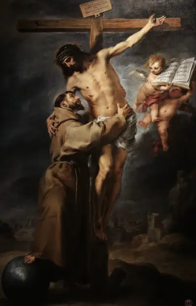 Saint Francis of Assisi embracing the crucified Christ av Bartolomé Estebán Murillo