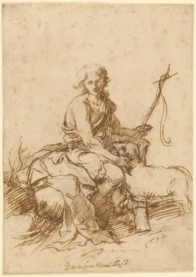 The Youthful Saint John the Baptist Seated in a Landscape av Bartolomé Estebán Murillo