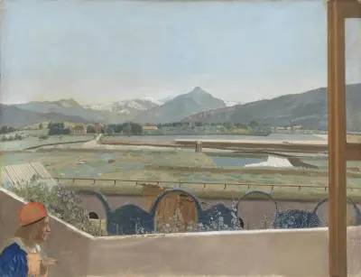 View toward the Mont Blanc Massif from the Artist’s Studio at Geneva, with a Self-portrait av Jean-Etienne Liotard