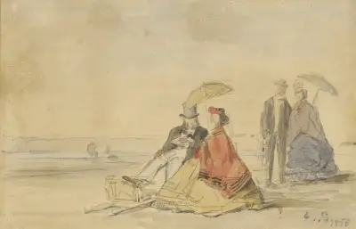 Ett par sittande och ett par promenerande på stranden av Eugène Boudin
