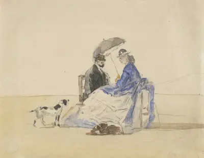 Ett par sittande på stranden med två hundar av Eugène Boudin