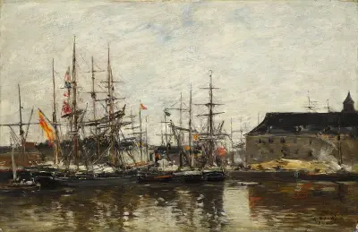 Antwerpen. Tre master vid kaj av Eugène Boudin
