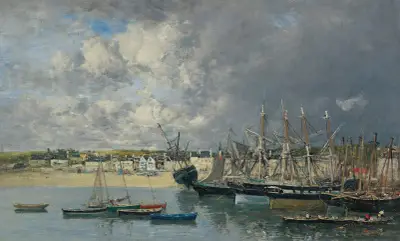 Båtar till ankar i hamnen, Portrieux av Eugène Boudin