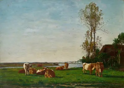 Stuga och betesmark vid Touques strand av Eugène Boudin