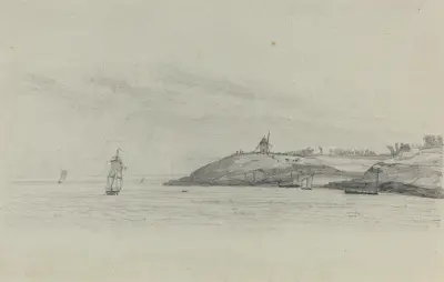Kustlandskap med skeppsfart; väderkvarn i fjärran av Eugène Boudin