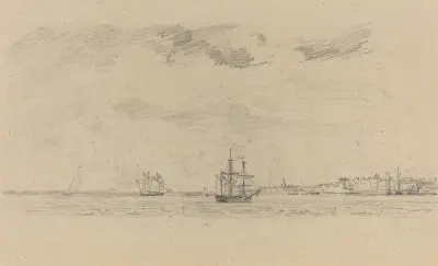 Kustlandskap med fartyg av Eugène Boudin
