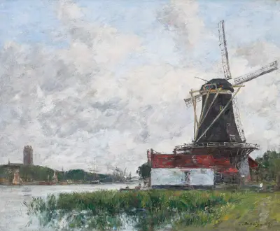 Dordrecht, kvarn vid Maas strand av Eugène Boudin