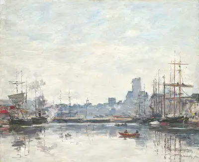 Fécamp, hamnen i dimma av Eugène Boudin