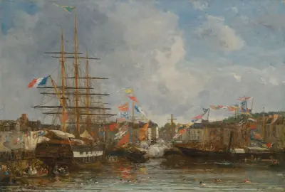 Fest i Honfleurbassängen av Eugène Boudin