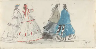 Fyra damer i krinoliner som promenerar i Trouville av Eugène Boudin