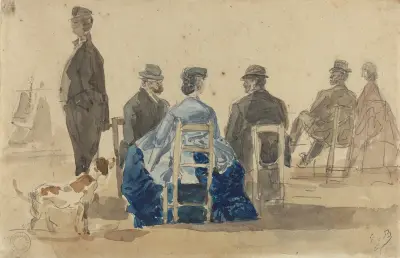 Damer och herrar sittande på stranden med en hund av Eugène Boudin