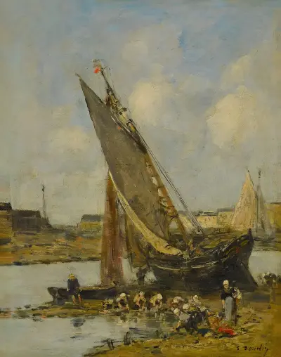 Tvätterskor vid en strandad båt i Trouvilles hamn, lågvatten av Eugène Boudin