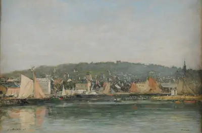 Hamnen i Trouville på morgonen av Eugène Boudin