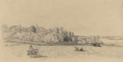 Ön Île aux Moines med arbetare på ett fält av Eugène Boudin