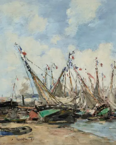 Trouville, le port, voiliers échoués av Eugène Boudin