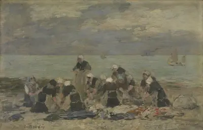 Frauen waschen Wäsche in Étretat von Eugène Boudin