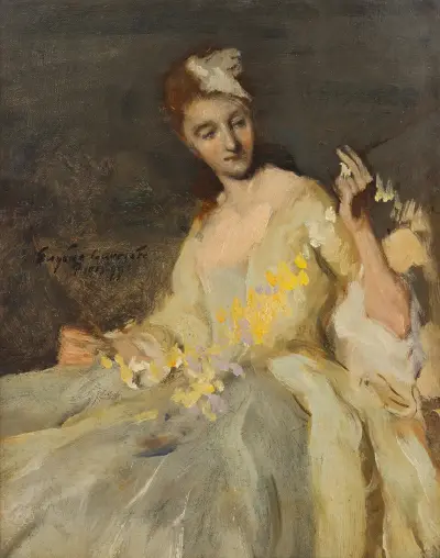 Portrait of a lady in a ball gown av Eugène Carriere