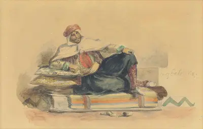 A Berber seated on a low couch av Eugène Delacroix