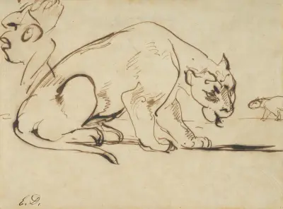 A Lioness and a Caricature of Ingres av Eugène Delacroix