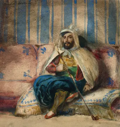 A man in Oriental costume smoking on a sofa av Eugène Delacroix