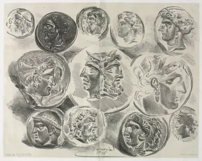 Feuille de douze médailles antiques av Eugène Delacroix